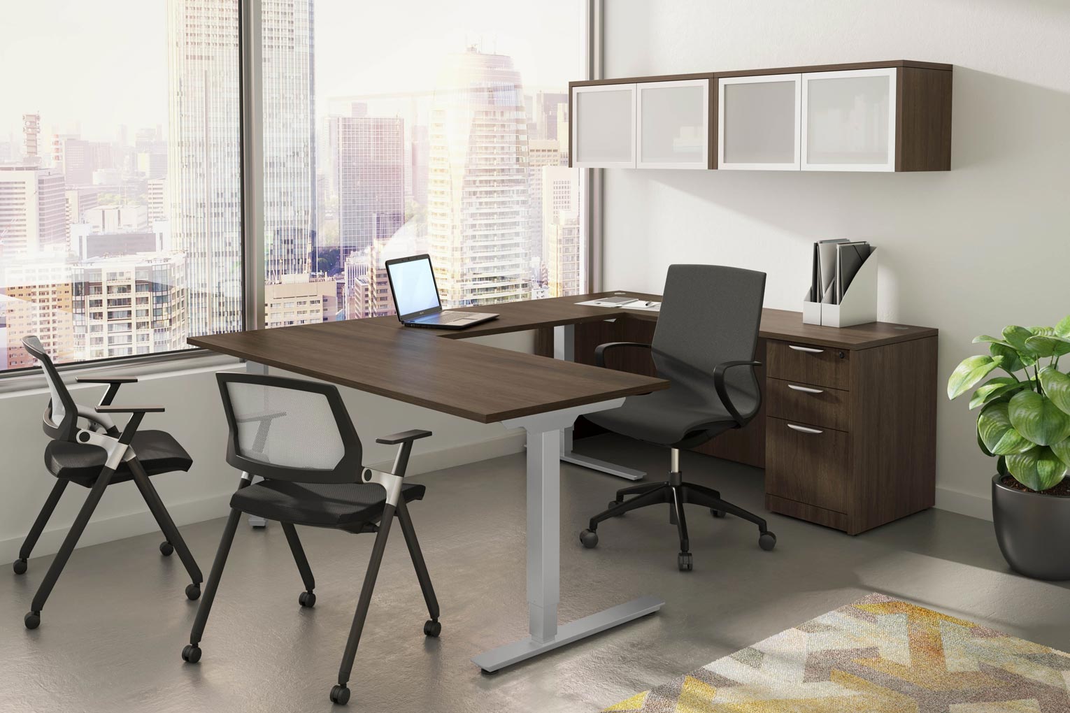 3 chairs around Brown Sit to Stand Desk