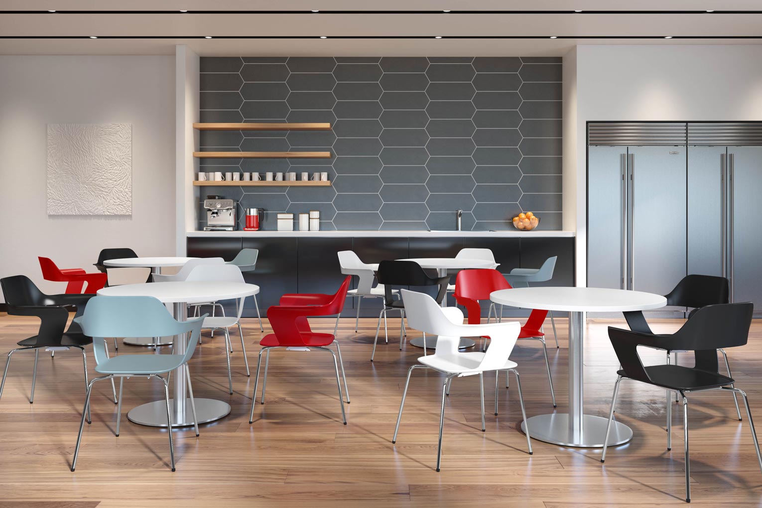 Break room with gray, red, black, and white chairs