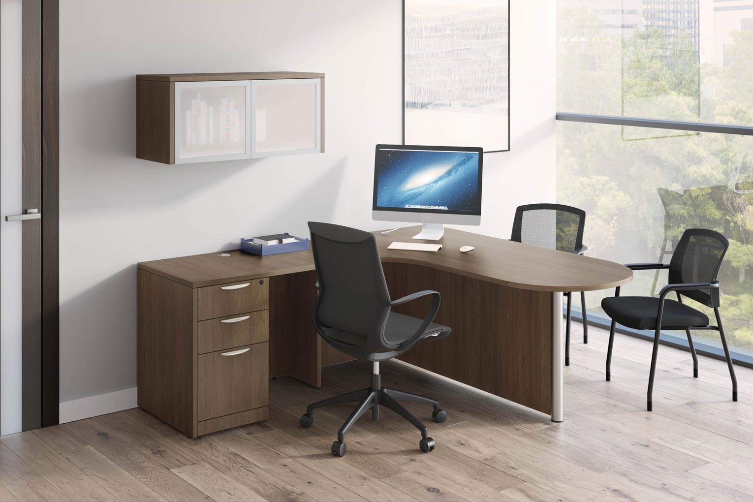 Brown desk with black chairs at it