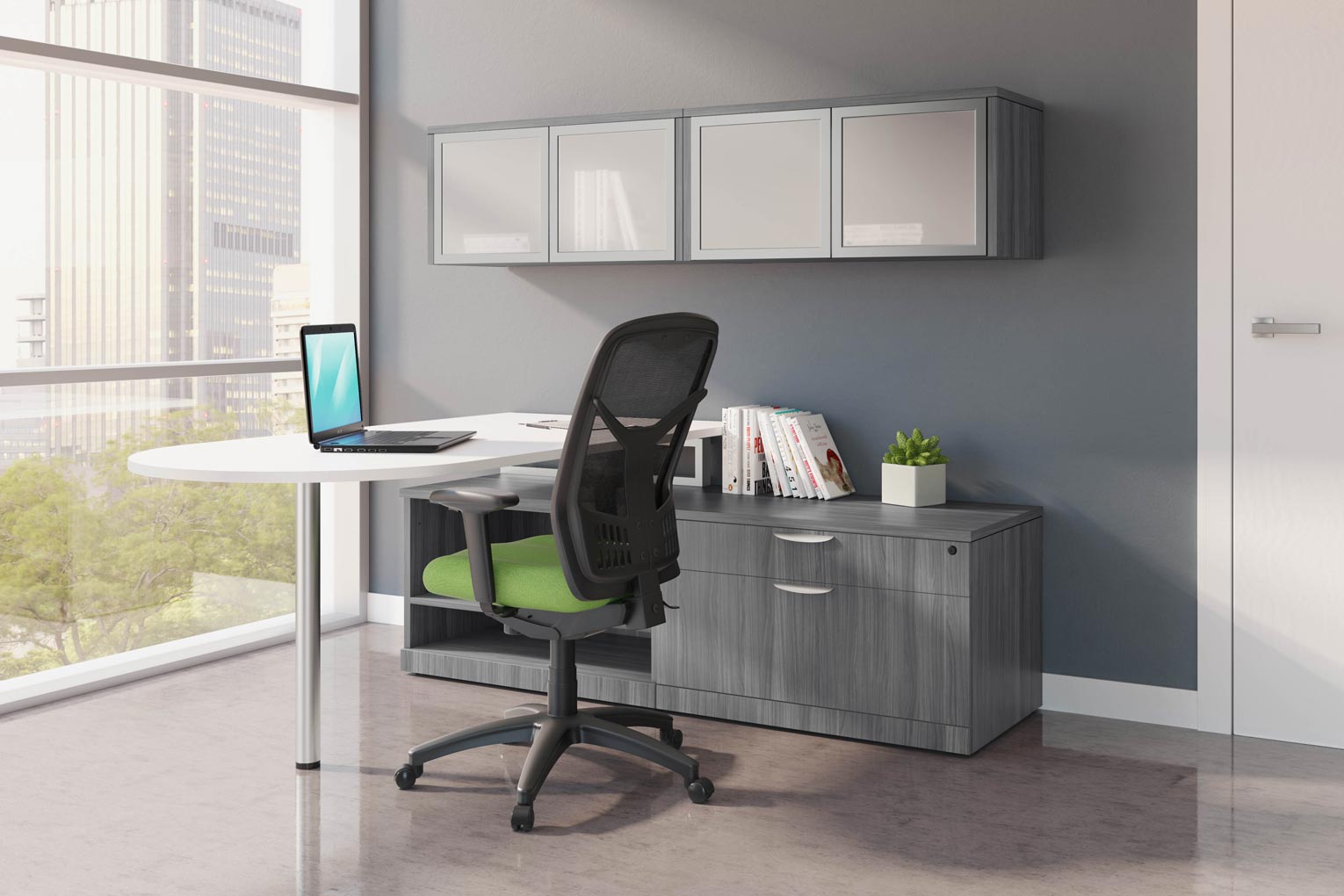 White and gray office with green chair