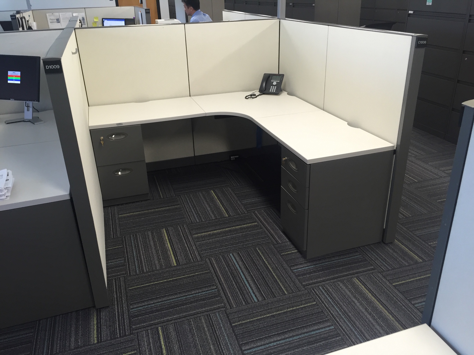 Grey and White Office Cubicle with L Shaped Desk