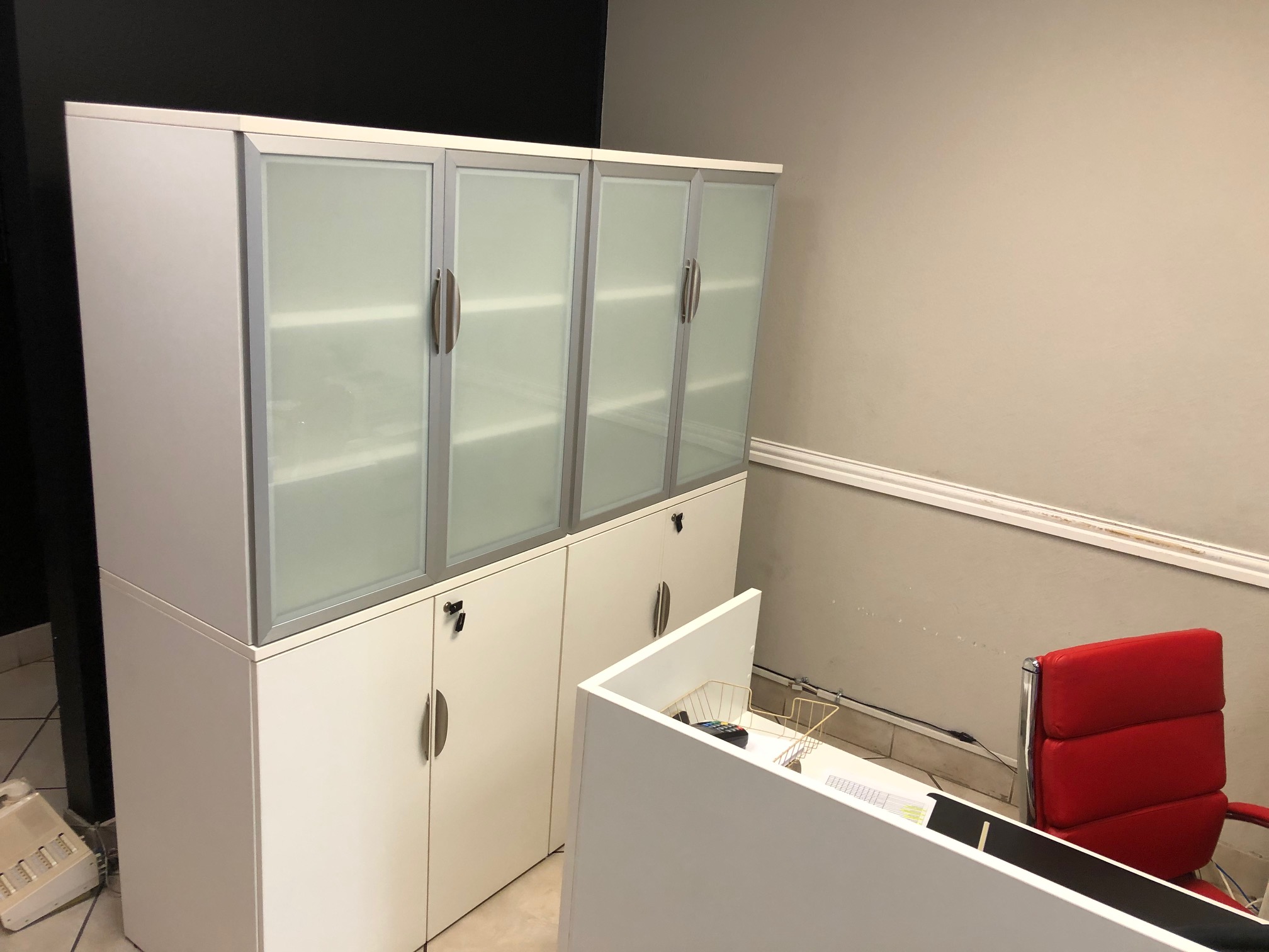 White Storage Cabinets with Laminate Doors