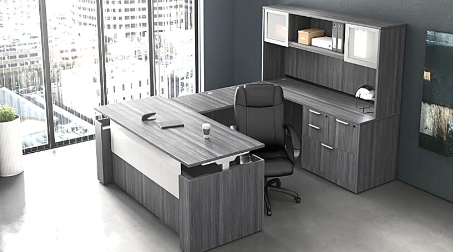 Gray adjustable U shaped desk