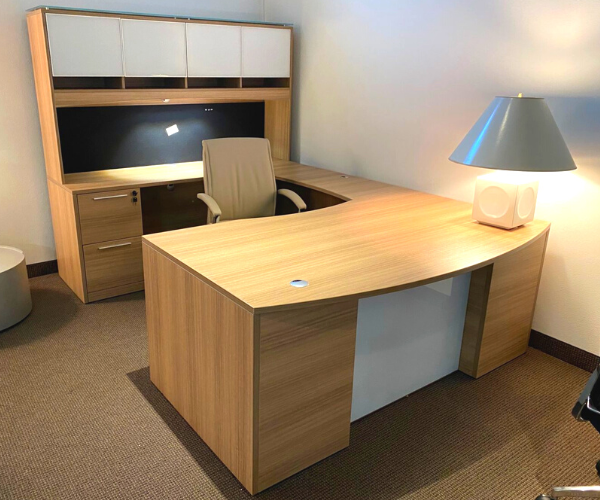 Walnut U shaped desk with white storage cabinets